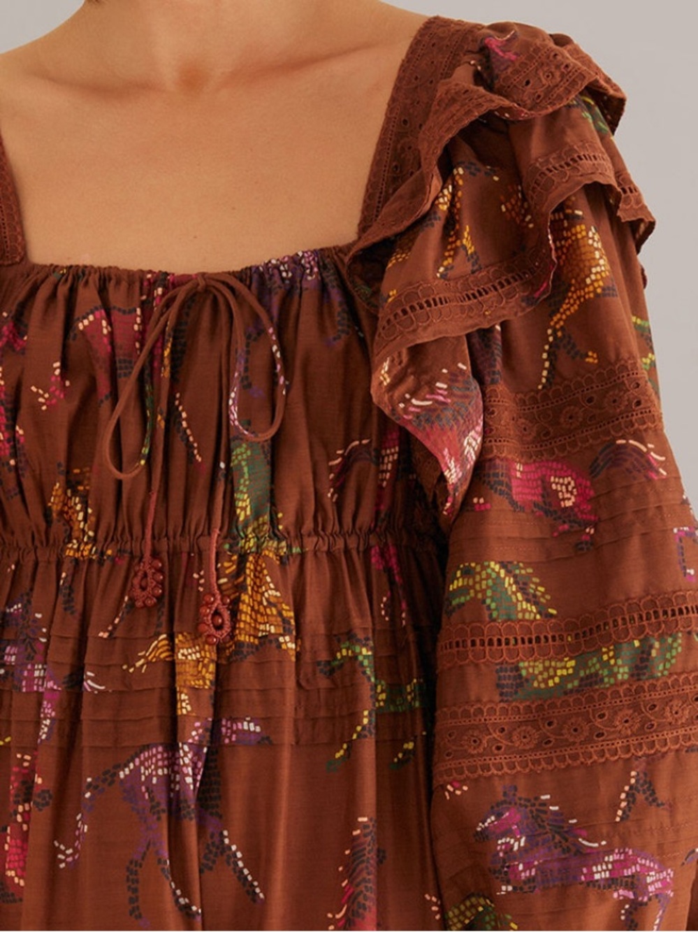 FARM Rio Brown Dotted Horses Ruffled Maxi Dress with Square Neckline. Size S - Picture 15 of 16
